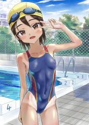 Rule 34 | black hair, blue eyes, blue one-piece swimsuit, blue sky, breasts, building, chain-link fence, cloud, competition swimsuit, covered erect nipples, covered navel, day, fence, goggles, goggles on head, lane line, multicolored clothes, multicolored swimsuit, one-piece swimsuit, one-piece tan, onisankotira, original, outdoors, pool, pool ladder, short hair, sky, small breasts, starting block, swim cap, swimsuit, tan, tanline, v, v over eye
