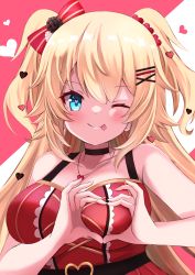 Rule 34 | 1girl, :p, absurdres, akai haato, akai haato (gothic lolita), blonde hair, blue eyes, blush, breasts, flower, hair flower, hair ornament, heart, heart-shaped boob challenge, heart-shaped pupils, heart hair ornament, heart hands, heart necklace, highres, hololive, jewelry, necklace, one eye closed, shibakame, smile, symbol-shaped pupils, tongue, tongue out, virtual youtuber, x hair ornament