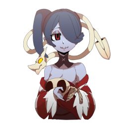 Rule 34 | 1girl, bare shoulders, blue hair, blue skin, breasts, cleavage, colored skin, detached collar, detached sleeves, hair over one eye, happy, heart, heart hands, higa norio, leviathan (skullgirls), looking at viewer, purple hair, red eyes, short hair, side ponytail, simple background, skeleton, skullgirls, small breasts, solo, squigly (skullgirls), stitched mouth, stitches, striped, striped sleeves, white background, zombie
