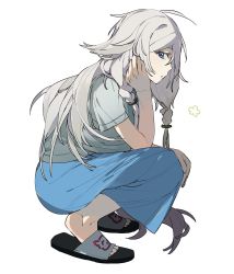 Rule 34 | 1girl, blue eyes, blue skirt, braid, commentary, expressionless, from side, hand on own knee, hand on own neck, highres, ia (vocaloid), kyototanaka54, long hair, looking at viewer, looking to the side, sandals, shirt, silver hair, simple background, skirt, solo, squatting, t-shirt, twin braids, vocaloid, white background
