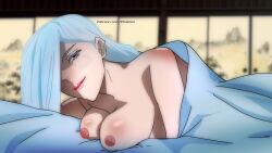 Rule 34 | 1girl, bad anatomy, breasts, closed mouth, hair over one eye, highres, jujutsu kaisen, large breasts, long hair, looking at viewer, mei mei (jujutsu kaisen), patreon username, self-upload, shouji, sliding doors, smile, solo, under covers, white hair, xtratoon