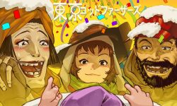 Rule 34 | 1boy, 2girls, :d, absurdres, beard, black hair, blush, brown hair, brown headwear, confetti, crying, facial hair, fingerless gloves, gin (tokyo godfathers), gloves, green scarf, hana (tokyo godfathers), hat, highres, hood, miyuki (tokyo godfathers), multiple girls, open mouth, own hands together, red headwear, scarf, short hair, smile, snow, suichoku (suityoku conpas), teeth, tokyo godfathers, yellow background