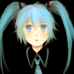 Rule 34 | 1girl, aqua eyes, aqua hair, ataru (7noise), bad id, bad pixiv id, black background, expressionless, hatsune miku, looking at viewer, lowres, necktie, parted lips, solo, vocaloid