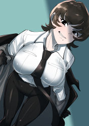 1girl, absurdres, belt, between breasts, black coat, black eyes, black gloves, black necktie, black neckwear, blush, breasts, brown hair, coat, eyebrows visible through hair, gloves, highres, large breasts, mafia, mole, mole under mouth, moto toshi, necktie, necktie between breasts, original, parted lips, short hair, solo, undressing