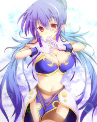 Rule 34 | 00s, 1girl, blue hair, breasts, gloves, judith (tales), large breasts, long hair, midriff, navel, pointy ears, red eyes, runako, smile, solo, tales of (series), tales of vesperia, white background