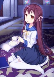 Rule 34 | 1girl, amemiya ruki, blouse, blue sailor collar, blue skirt, blush, book, brown eyes, cup, frilled skirt, frills, from side, full body, hair ornament, hair ribbon, highres, holding, holding cup, holding plate, long hair, looking at viewer, open book, open mouth, original, pink ribbon, plate, purple hair, ribbon, ruins, sailor collar, saucer, shirt, sitting, skirt, solo, stained glass, tareme, teacup, thighhighs, very long hair, wariza, white shirt, white thighhighs