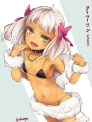 Rule 34 | 1girl, :d, akino shuu, bare shoulders, bikini, black bikini, black collar, bow, breasts, collar, commentary request, copyright request, fang, fur jacket, green eyes, grey background, grey hair, hair bow, hands up, jacket, looking at viewer, navel, off shoulder, open clothes, open jacket, open mouth, pink bow, small breasts, smile, solo, swimsuit, tan, translation request, twintails, twitter username, two-tone background, white background
