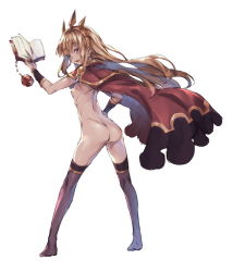 Rule 34 | 10s, 1girl, anus, ass, back, black thighhighs, blonde hair, book, breasts, cagliostro (granblue fantasy), cape, crown, from behind, full body, granblue fantasy, hand on own hip, holding, holding book, long hair, looking at viewer, looking back, naked cape, nipples, nude, open book, open mouth, pussy, redcomet, simple background, small breasts, solo, standing, thighhighs, uncensored, white background