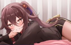 Rule 34 | 1girl, black shorts, blush, brown hair, chinese clothes, coattails, flower, flower-shaped pupils, genshin impact, hair flower, hair ornament, highres, hu tao (genshin impact), komor yuki, long hair, long sleeves, looking at viewer, on bed, plum blossoms, red eyes, red shirt, shirt, shorts, smile, solo, symbol-shaped pupils, tailcoat, thighs, twintails