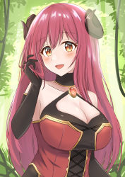 Rule 34 | 1girl, absurdres, armpits, bare shoulders, black gloves, blush, breasts, choker, cleavage, collarbone, day, demon girl, demon horns, elbow gloves, gloves, gold trim, green background, hair between eyes, hand in own hair, hand up, highres, horns, io (princess connect!), large breasts, long hair, looking at viewer, open mouth, orange eyes, outdoors, pink hair, playing with own hair, princess connect!, smile, solo, tagme, upper body, yanazawa ko