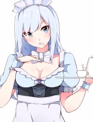 Rule 34 | 1girl, alternate costume, blue eyes, blush, breasts, cleavage, cup, enelis, enmaided, idolmaster, idolmaster million live!, idolmaster million live! theater days, long hair, looking at viewer, maid, maid headdress, medium breasts, shiraishi tsumugi, silver hair, simple background, solo, teacup, teapot, tray, upper body, white background