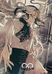 Rule 34 | 1other, albino (a1b1n0623), androgynous, ascot, bespectacled, black ascot, black hair, black pants, brooch, cowboy shot, earrings, eyeshadow, eyewear strap, fate/grand order, fate (series), fingernails, floating hair, forehead jewel, frilled shirt collar, frills, glasses, green eyeshadow, green pupils, hair tubes, high-waist pants, highres, industrial pipe, infinity symbol, jewelry, long hair, looking ahead, makeup, monocle, multicolored hair, official alternate costume, open hand, other focus, pants, parted bangs, parted lips, profile, red eyes, red eyeshadow, semi-rimless eyewear, sharp fingernails, shi huang di (fate), shi huang di (infinity dream) (fate), shirt, smile, solo, two-tone hair, white hair, white shirt, wide sleeves