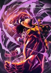 Rule 34 | 10s, 1boy, 2015, attack, barefoot, black hair, clenched hand, clenched teeth, d:, d:&lt;, gear fourth, gear fourth: boundman, haki, hat, highres, incoming attack, looking at viewer, luis figueiredo, male focus, monkey d. luffy, muscular, muscular male, one piece, open clothes, open hand, open mouth, open vest, pectorals, scar, short hair, shorts, solo, steam, straw hat, teeth, v-shaped eyebrows, vest, watermark, web address