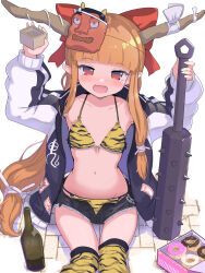 Rule 34 | 1girl, alcohol, animal print, black shorts, blush, bottle, bow, club, club (weapon), collarbone, commentary request, doughnut, fang, food, groin, hair bow, highres, holding, holding weapon, horn ornament, horn ribbon, horns, ibuki suika, kanabou, long hair, mask, masu, navel, oni horns, oni mask, open mouth, orange eyes, orange hair, puuakachan, red bow, ribbon, sake, sake bottle, short shorts, shorts, sidelocks, skin fang, smile, solo, thighhighs, tiger print, touhou, weapon, white ribbon, yellow thighhighs