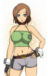 Rule 34 | 1girl, bare shoulders, blue eyes, blue hair, breasts, brown hair, chris redfield, fingerless gloves, genderswap, gloves, hand on own hip, large breasts, navel, open mouth, resident evil, resident evil 5, short hair, shorts, simple background, smile, solo, tank top