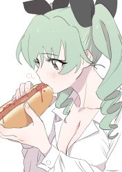 Rule 34 | 1girl, absurdres, anchovy (girls und panzer), blush, bread, breasts, brown eyes, cleavage, collarbone, collared shirt, dorontabi, eating, food, from side, girls und panzer, green hair, hair between eyes, hair ribbon, highres, hot dog, ketchup, large breasts, long hair, open clothes, open shirt, ribbon, shirt, twintails