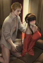 Rule 34 | 1boy, 1girl, all fours, ass, ass grab, bare shoulders, bent over, black hair, blonde hair, blue eyes, blush, breasts, clothed sex, collared shirt, couch, doggystyle, hetero, highres, husband and wife, indoors, jeneral, large breasts, off-shoulder sweater, off shoulder, on couch, open mouth, panties, pantyhose, red eyes, red sweater, see-through, see-through legwear, sex, sex from behind, shirt, sidelocks, smile, spy x family, sweat, sweater, twilight (spy x family), underwear, white panties, yor briar