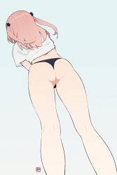 Rule 34 | 1girl, ass, black panties, clothes lift, feet out of frame, foreshortening, from behind, gradient background, inui sajuna, kneepits, long hair, panties, pink hair, shirt, shirt lift, signature, solo, sono bisque doll wa koi wo suru, standing, t-shirt, thighs, thong, twintails, underwear, white shirt, yan wan