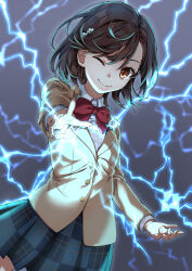 Rule 34 | 1girl, :p, ;), absurdres, asymmetrical bangs, blazer, blue skirt, bob cut, bow, bowtie, breasts, brown eyes, brown hair, brown jacket, closed mouth, coin, commentary, cowboy shot, dress shirt, dutch angle, electricity, electrokinesis, eyelashes, floating, floating object, flower, glowing, gradient background, grey background, hair flower, hair ornament, hairclip, highres, jacket, long sleeves, looking at viewer, medium hair, misaka mikoto, one eye closed, outstretched arm, plaid, plaid skirt, pleated skirt, psychic, red bow, red bowtie, school uniform, shirt, skirt, small breasts, smile, solo, toaru kagaku no railgun, toaru majutsu no index, tokiwadai school uniform, tongue, tongue out, white flower, white shirt, yu sa1126