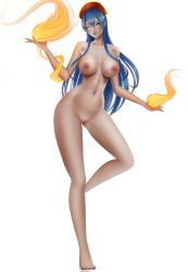 Rule 34 | 1girl,  andrew artzz, blue eyes, blue hair, breasts, feet, female focus, fire, fire effect, fire emblem, fire emblem: the binding blade, fire, highres, lilina (fire emblem), long hair, navel, nintendo, nipples, nude, one eye closed, pussy, pyrokinesis, smile, solo, standing, standing on one leg, wink