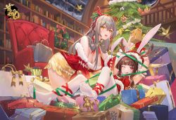 Rule 34 | 2girls, ;q, absurdres, all fours, animal ears, antlers, arm garter, armchair, arms up, atdan, bag, bookshelf, box, breasts, brown hair, chair, character request, check character, christmas tree, cleavage, commentary request, dress, feet, fur trim, gift, gift box, gloves, green ribbon, hair between eyes, hairband, hat, highres, holding, holding gift, horns, indoors, kaguyahime (mahjong soul), kitami sawako, large breasts, long hair, looking at viewer, lying, mahjong soul, multiple girls, no shoes, off shoulder, on back, one eye closed, open mouth, pantyhose, rabbit ears, red dress, red eyes, red gloves, red hairband, red headwear, red ribbon, ribbon, santa hat, silver hair, soles, tongue, tongue out, white legwear, yellow eyes