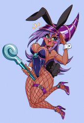 Rule 34 | 1girl, :d, abottleofstars, alternate skin color, arm above head, armband, belt, blue background, blue eyes, blush stickers, bow, bowtie, breasts, cleavage, commentary, cuffs, curvy, dark-skinned female, dark magician girl, dark skin, fingernails, fishnet pantyhose, fishnets, floating, full body, hair between eyes, high heels, highres, holding, holding staff, large breasts, leotard, long fingernails, long hair, magical girl, nail polish, open mouth, pantyhose, pink nails, playboy bunny, purple hair, purple headwear, purple leotard, rabbit tail, ribbon, shiny skin, simple background, skindentation, smile, solo, staff, star (symbol), thick thighs, thigh belt, thigh strap, thighs, upper body, wide hips, yu-gi-oh!