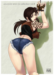 Rule 34 | 1girl, ass, azasuke, back, bdsm, bent over, black lagoon, bondage, bound, bound wrists, brown eyes, brown hair, denim, denim shorts, female focus, fingerless gloves, from behind, gloves, highres, holster, long hair, looking back, open mouth, revy (black lagoon), rope, short shorts, shorts, solo, standing, tank top, tattoo