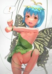 Rule 34 | !, 1girl, absurdres, antennae, aqua hair, bad anatomy, bar censor, blush, breasts, butterfly wings, censored, dress, eternity larva, fairy, female pubic hair, green dress, hair between eyes, highres, insect wings, leaf, leaf on head, nipples, open mouth, panties, panty pull, pubic hair, pussy, short hair, small breasts, solo, spoken exclamation mark, touhou, underwear, white panties, wings, yawdeone, yellow eyes