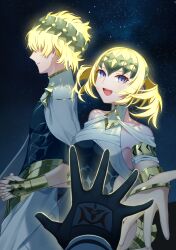 Rule 34 | 1boy, 1girl, armlet, armor, black gloves, black shirt, blonde hair, blue eyes, bracer, breasts, brother and sister, castor (fate), chakram, closed mouth, collar, command spell, constellation, diadem, fate/grand order, fate (series), gloves, halterneck, highres, holding hands, looking at viewer, medium hair, metal collar, name connection, object namesake, offering hand, open mouth, pauldrons, pollux (fate), robe, sakuraike, shirt, short hair, shoulder armor, siblings, small breasts, smile, twins, weapon, white robe