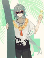 Rule 34 | 1boy, absurdres, ahoge, black pants, cup, drink, facing viewer, flower, flower necklace, grey hair, hands up, highres, holding, holding cup, honkai (series), honkai impact 3rd, jewelry, lei, long hair, male focus, necklace, nnikko, palm tree, pants, parted lips, red-framed eyewear, shirt, short sleeves, solo, su (honkai impact), sunglasses, tree, very long hair, white shirt, wide sleeves