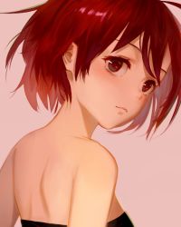 Rule 34 | 1girl, absurdres, ahoge, bare shoulders, blush, close-up, closed mouth, from behind, from side, highres, leiq, lips, looking back, original, pink background, red eyes, red hair, short hair, simple background, solo, strapless, tareme, upper body