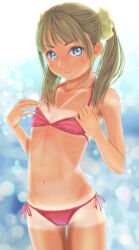 Rule 34 | 1girl, bikini, blue eyes, blurry, commentary request, depth of field, expressionless, flat chest, highres, light brown hair, looking at viewer, navel, original, red bikini, side-tie bikini bottom, solo, swimsuit, tan, tanline, twintails, uzuki mei