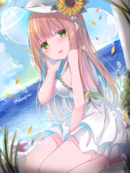 Rule 34 | 1girl, artist name, bare arms, bare legs, bare shoulders, beach, between legs, blonde hair, blush, breasts, bubble, cloud, day, dress, falling petals, flower, from side, green eyes, hand between legs, hand on own face, hand up, hat, hat flower, layered dress, long hair, medium breasts, ocean, on ground, open mouth, original, outdoors, petals, plant, seiza, sitting, sky, solo, straight hair, sundress, sunflower, water, white dress, yamine kuro