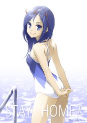 Rule 34 | 1girl, arms behind back, ass, blue eyes, blue hair, casual one-piece swimsuit, commentary request, cowboy shot, dokidoki! precure, eyewear on head, from behind, highres, hishikawa rikka, long hair, looking at viewer, looking back, multicolored clothes, multicolored swimsuit, one-piece swimsuit, pool ladder, precure, solo, swimsuit, tuqi pix, water
