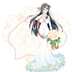 Rule 34 | 10s, 1girl, :o, alternate costume, arishiki, arm at side, bare shoulders, beads, bouquet, breasts, bridal veil, cleavage, collarbone, dress, elbow gloves, floral background, flower, frills, full body, glasses, gloves, green eyes, hair flower, hair ornament, hair ribbon, hand on own face, holding, holding bouquet, kantai collection, large breasts, long dress, long hair, looking at viewer, ooyodo (kancolle), red ribbon, ribbon, semi-rimless eyewear, solo, strapless, strapless dress, under-rim eyewear, veil, very long hair, wedding dress, white dress, white gloves