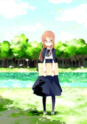 Rule 34 | 1girl, bird, brown eyes, brown hair, cloud, day, forest, glasses, grass, leaf, long hair, namori, nature, original, pantyhose, reflection, river, shade, sketchbook, sky, solo, standing, sunlight, tree, tree shade