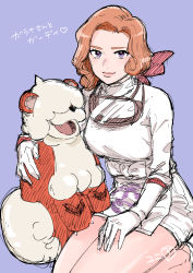 Rule 34 | 1girl, apron, artist name, breasts, creatures (company), dress, game freak, gen 1 pokemon, gloves, goggles, goggles around neck, growlithe, hand on own thigh, highres, japanese text, kneeling, large breasts, legs, long sleeves, looking at viewer, nintendo, palina (pokemon), pokemon, pokemon (creature), pokemon legends: arceus, purple background, purple eyes, short dress, signature, sitting, smile, solo focus, translation request, white dress, white gloves, yuni (monoxx)