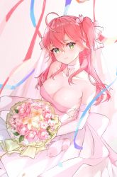 Rule 34 | ahoge, alternate costume, blush, bouquet, breasts, bridal veil, bride, cleavage, closed mouth, collarbone, dress, flower, green eyes, hair between eyes, highres, holding, holding bouquet, hololive, lims (neko2lims), lips, long hair, looking at viewer, pink dress, pink hair, sakura miko, solo, veil, virtual youtuber, wedding dress
