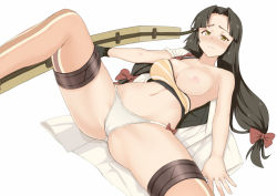 Rule 34 | 10s, 1girl, ass, black hair, blush, breast slip, breasts, brown hair, gloves, kantai collection, large breasts, long hair, looking at viewer, lying, nipples, noragami sota, on back, one breast out, panties, personification, see-through, see-through legwear, shouhou (kancolle), single glove, solo, spread legs, thighhighs, underwear, yellow eyes