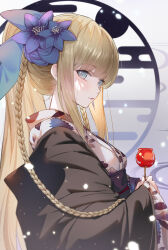 Rule 34 | 1girl, absurdres, blonde hair, blue bow, blue eyes, bow, braid, candy apple, fate/grand order, fate (series), floral print, flower, food, french braid, grey kimono, hair bow, hair flower, hair ornament, highres, japanese clothes, kimono, long hair, long sleeves, looking at viewer, morgan le fay (fate), morgan le fay (fgo fes. 2023) (fate), ponytail, sash, sidelocks, sitting, solo, thighs, ura illust, very long hair, wide sleeves