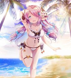 Rule 34 | 1girl, :d, arm up, bad id, bad pixiv id, barefoot, beach, bikini, blue eyes, breasts, cleavage, cloud, collarbone, day, floating hair, flower, granblue fantasy, groin, hair flower, hair ornament, hair over one eye, highres, horns, leg up, lens flare, long hair, medium breasts, mutang, narmaya (granblue fantasy), narmaya (summer) (granblue fantasy), navel, ocean, open mouth, outdoors, palm tree, pink hair, sideboob, smile, solo, standing, standing on one leg, sun, sunlight, swimsuit, thigh strap, tree, white bikini, white flower