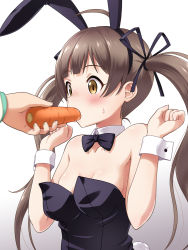Rule 34 | ahoge, animal ears, bare shoulders, black bow, black bowtie, blush, bow, bowtie, breasts, brown hair, carrot, collarbone, commentary request, cuffs, detached collar, fake animal ears, feeding, force-feeding, hair ribbon, hakozaki serika, handcuffs, haruna mao, idolmaster, idolmaster million live!, leotard, long hair, orange eyes, out of frame, oversized clothes, playboy bunny, rabbit ears, rabbit tail, ribbon, simple background, small breasts, solo, tail, twintails, upper body, w arms, white background