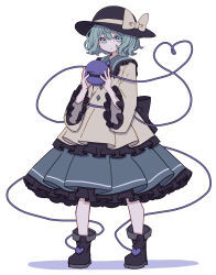 Rule 34 | 1girl, absurdres, black footwear, black hat, blush, boots, buttons, closed mouth, collared shirt, commentary, diamond button, eyeball, frilled shirt collar, frilled skirt, frilled sleeves, frills, full body, green eyes, green hair, green skirt, hair between eyes, hat, hat ribbon, heart, heart of string, highres, kame (kamepan44231), komeiji koishi, long sleeves, one-hour drawing challenge, pleated skirt, ribbon, shirt, short hair, simple background, skirt, solo, standing, third eye, touhou, white background, wide sleeves, yellow ribbon, yellow shirt