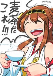 Rule 34 | 1girl, :d, bare shoulders, blush, brown hair, cup, closed eyes, headband, holding, kantai collection, kongou (kancolle), long hair, long sleeves, motion lines, open mouth, rariatto (ganguri), smile, solo, steam, teacup, translated, tray, twitter username, upper body, white background, wide sleeves