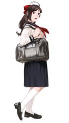 Rule 34 | 1girl, absurdres, alternate costume, bad id, bad twitter id, bag, black footwear, black sailor collar, black skirt, brown hair, commentary request, full body, hair ornament, hair ribbon, hairclip, half updo, highres, kantai collection, kneehighs, loafers, long hair, looking at viewer, mamiya (kancolle), ojipon, pleated skirt, red eyes, ribbon, sailor collar, school bag, school uniform, serafuku, shoes, simple background, skirt, socks, solo, standing, white background, white socks