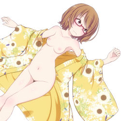Rule 34 | 10s, 1girl, bad id, bad pixiv id, bare shoulders, blush, breasts, brown eyes, brown hair, flower, frown, glasses, hair flower, hair ornament, hanayamata, highres, japanese clothes, lying, navel, nipples, no bra, no panties, no pussy, on back, open clothes, open mouth, open shirt, shirt, short hair, small breasts, solo, takeda yukimura, tokiwa machi, white background