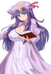 Rule 34 | 1girl, :&lt;, absurdres, belly, blunt bangs, book, breasts, bursting breasts, cleavage, cloak, covered erect nipples, covered navel, crescent, crescent hair ornament, dress, hair ornament, hat, highres, huge breasts, large breasts, long hair, looking at viewer, low-tied long hair, mob cap, mokkori9, patchouli knowledge, plump, purple eyes, purple hair, solo, standing, touhou, very long hair, wide hips