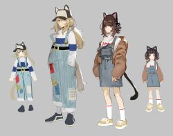Rule 34 | 2girls, animal ear headphones, animal ears, animal hat, arms at sides, baseball cap, belt, black belt, black footwear, blonde hair, blue overalls, brown hair, cat ear headphones, cat tail, closed mouth, commentary request, dog tail, fake animal ears, full body, grey background, hands in pockets, hat, headphones, kmnz, long hair, long sleeves, looking at viewer, mc lita, mc liz, multiple girls, multiple views, overall skirt, overalls, ponytail, purple eyes, seimannu, shoes, short hair, simple background, sneakers, socks, standing, sweater, tail, virtual youtuber, white socks, white sweater, yellow footwear