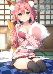 Rule 34 | 1girl, absurdres, animal ear fluff, animal ears, bed sheet, black thighhighs, blush, breasts, brown eyes, cleavage, closed mouth, collarbone, fate/grand order, fate (series), fingernails, fox ears, fox tail, full body, hair ornament, hair scrunchie, highres, holding, hug, hugging object, indoors, jacket, jewelry, light particles, long hair, long sleeves, looking at viewer, masuishi kinoto, medium breasts, nail polish, necklace, official alternate costume, pillow, pillow hug, pink hair, scan, scrunchie, shiny skin, sitting, smile, solo, tail, tamamo (fate), tamamo no mae (fate/extra), tamamo no mae (spring casual) (fate), tatami, thighhighs