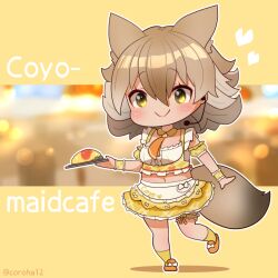 Rule 34 | 1girl, animal ears, apron, blonde hair, coroha, coyote (kemono friends), extra ears, food, kemono friends, kemono friends v project, looking at viewer, maid, maid apron, microphone, navel, necktie, omelet, omurice, ribbon, shoes, short hair, simple background, socks, solo, tail, virtual youtuber, wolf ears, wolf girl, wolf tail, yellow eyes